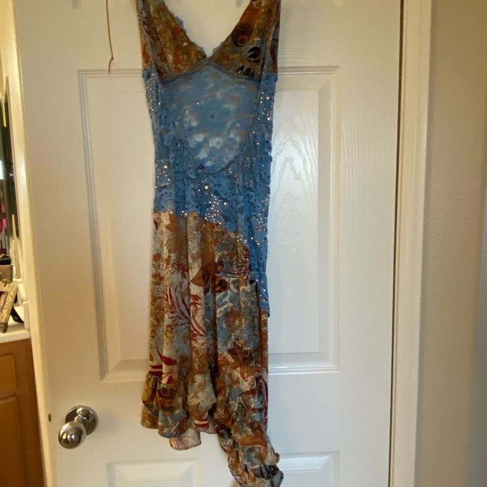 Asymmetrical Blue and Brown V-Neck Sundress